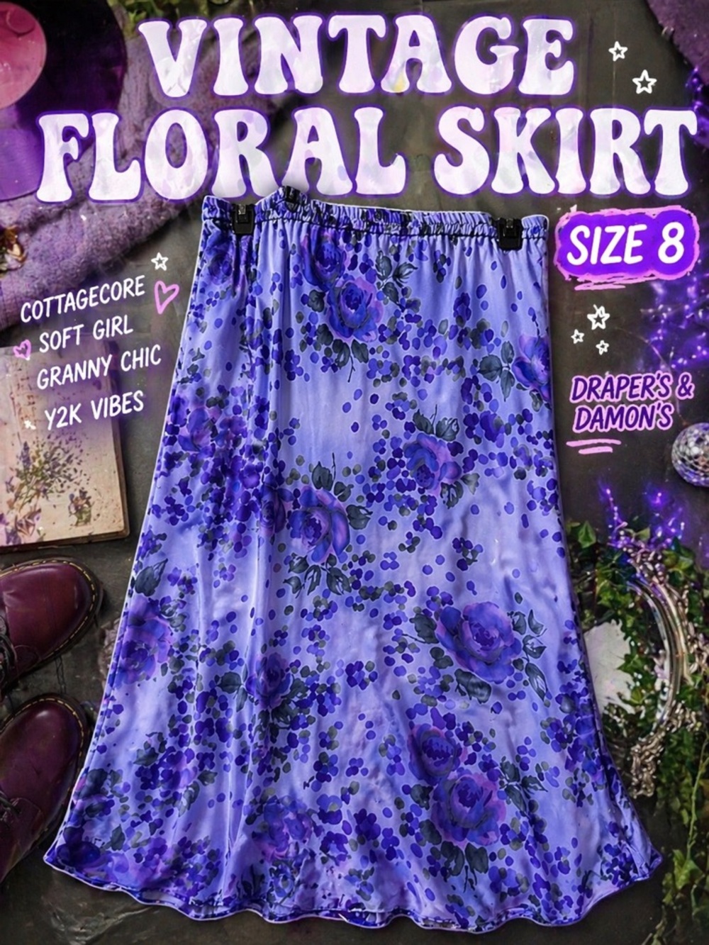 Vintage Draper’s & Damon’s Purple Floral Pull On Midi Skirt Size 8